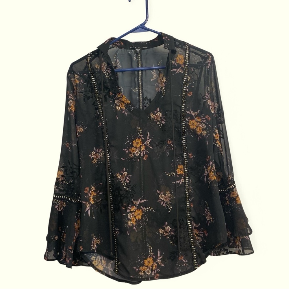 Atina Cristina Whimsigoth sheer black floral v neck witchy boho top XS
